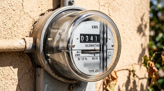 Close-up of an old analog electric power meter on a wall.