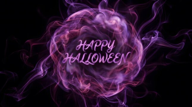 Happy halloween new colorful concept featuring a glowing purple smoke vortex on a dark black background