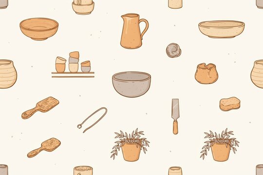 Seamless pattern of hand-drawn pottery including clay bowls, jugs, ceramic tools, sponges, and small potted plants on a cream background
