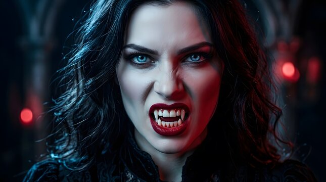 Happy halloween new colorful concept portrait of a beautiful vampire woman with sharp fangs and dark makeup