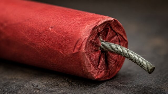 Extreme macro close up of a red dynamite stick end showing the twisted gray fuse cord emerging from crumpled red paper wrapping on a dark surface, underscoring the explosive