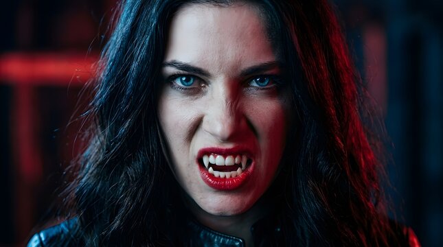 Happy halloween new colorful concept featuring a beautiful woman with vampire fangs and intense neon lighting