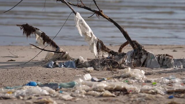 Plastic pollution beach litter and waste on shoreline, ocean debris scattered on sandy coast, driftwood snagging bags and bottles near waterline, urgent cleanup needed