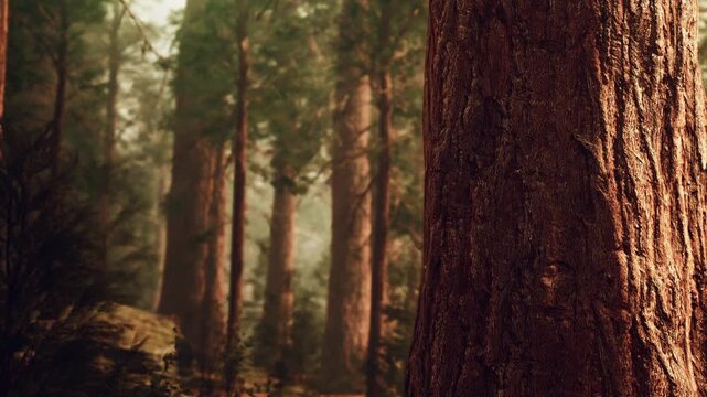 Sunlight filters through the trees in a dense forest. The rough texture of the tree trunks creates a natural scene. Shadows dance on the ground as leaves rustle in the breeze.