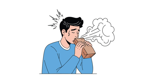 Panicked young man experiencing a severe anxiety attack and hyperventilating into a brown paper bag to calm down.