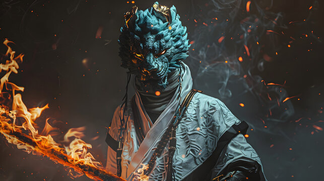 Warrior in wolf mask holding flaming sword. Fantasy character with fire weapon in dark.