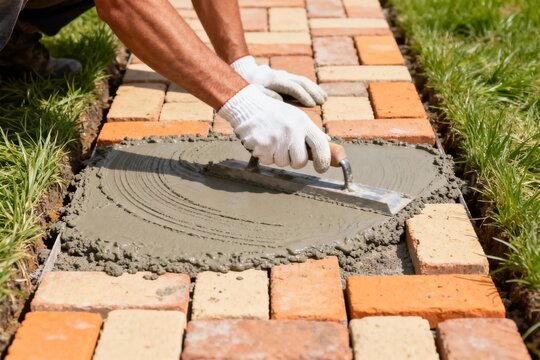 Worker laying brick pathway with trowel