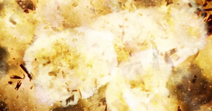Powerful pyrotechnic fire explosion with flying sparks and smoke. 4K VFX Stock Footage Element.