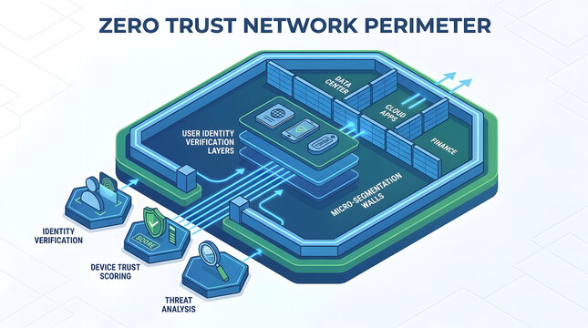 Zero trust network perimeter diagram with user identity verification and micro segmentation walls.