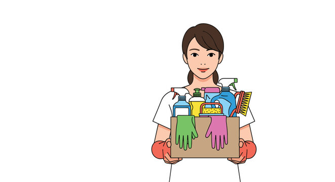 Professional female cleaner holding a cardboard box filled with various detergents and cleaning supplies, vector cartoon illustration.