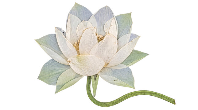 Single pressed white lotus flower with delicate petals and curved stem on transparent background for botanical themes.