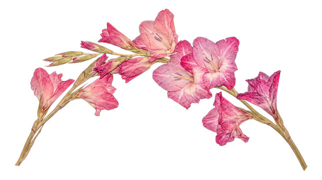Delicate pressed pink gladiolus flowers in a natural arrangement.