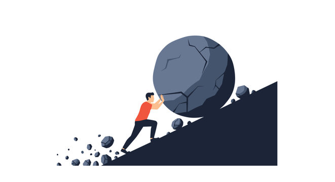 Determined young man pushing a giant cracked stone boulder uphill, representing sisyphus challenge and hard work, vector.
