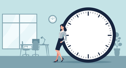 Obraz premium Young businesswoman leaning on a giant wall clock in office representing time management deadline and schedule concept.