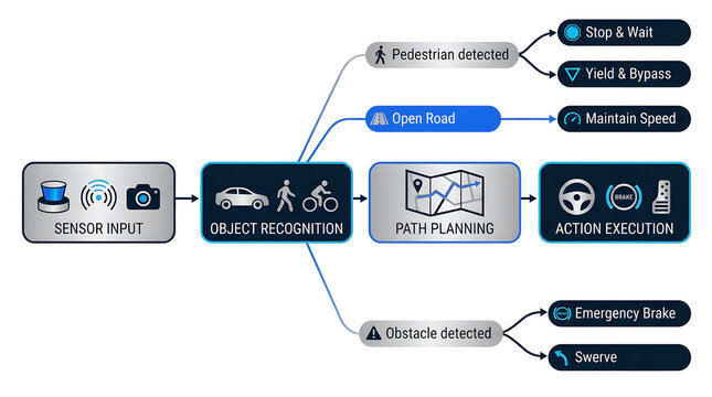 Autonomous vehicle system workflow showing sensor input object recognition path planning and execution.