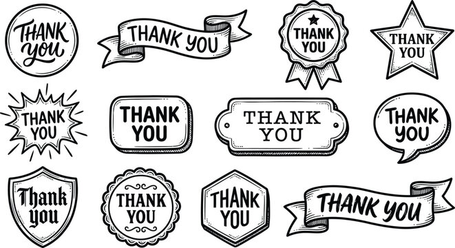 Set of hand drawn thank you labels and badges with various shapes and decorative ribbons for design projects