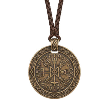 Isolated ancient Norse rune pendant, a circular bronze amulet with intricate historical engravings on a transparent background.