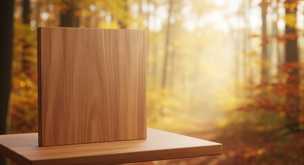 Fototapeta premium Wooden Cutting Board on Table with Autumn Forest Background.