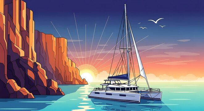 Yacht at sunset seascape.