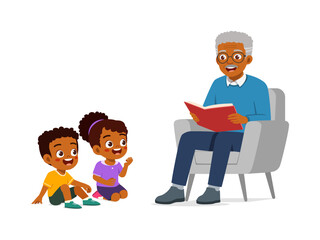 Happy Black Grandfather Reading a Storybook to Two Attentive Black Children Sitting on Floor Illustration
