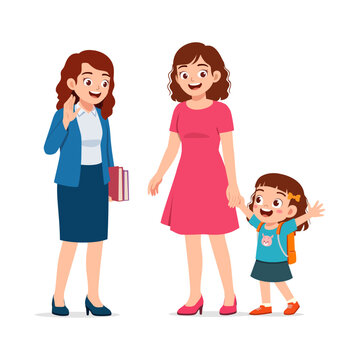 Happy Asian mother drops off excited daughter at school cheerfully greeted by smiling female teacher illustration