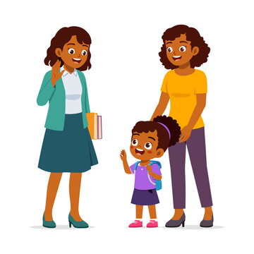 Happy African American teacher greets a smiling parent and excited girl student waving hello