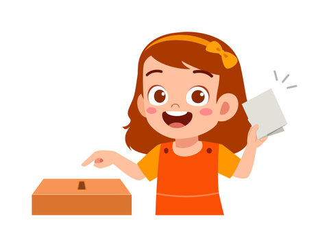 Happy smiling young girl casting her vote holding a ballot paper and pointing to a ballot box illustration