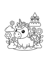 Fototapeta premium Cute Baby Unicorn Coloring Page – Printable Black and White Outline Educational Worksheet for Kids