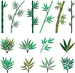 Fototapeta premium Green Bamboo Stalks and Leaf Vector Icon Set with Traditional Asian Nature Elements, Stems, and Botanical Foliage Graphics for Oriental Zen Background Designs