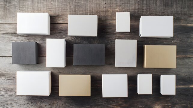 Top view of blank rectangular product boxes arranged on wooden table.