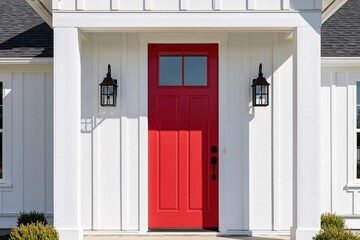 Obraz premium The Red Front Door of a White Modern Farmhouse Entrance