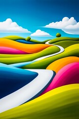 Obraz premium A colorful landscape with a winding road in the middle of it
