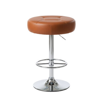 Modern bar stool with a circular cognac leather seat and chrome pedestal base set against a white studio background, sophisticated furniture presentation