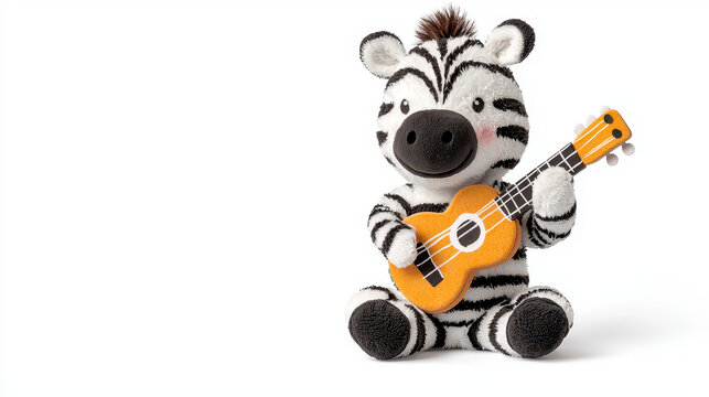 Cute zebra plush toy playing small guitar, showcasing joyful expression and vibrant colors. Perfect for children decor or gifts