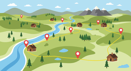 Obraz premium Beautifully illustrated scenic tourist map with a river, mountains, green hills, wooden cabins, and red location pins.
