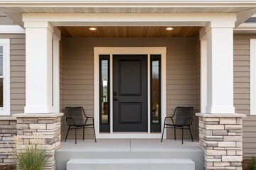 Obraz premium The Front Door on a Modern Porch with Stone Accents and Outdoor Chairs