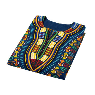 Isolated folded blue dashiki shirt featuring a vivid, colorful African print. Traditional garment.