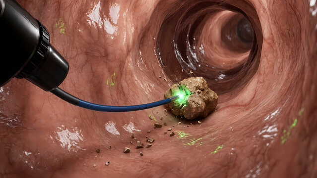 Endoscopic 3D view of laser lithotripsy crushing kidney stone inside ureter