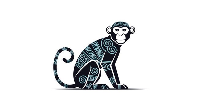 Stylized tribal monkey illustration adorned with intricate geometric and ethnic patterns on a white background.