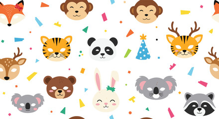 Obraz premium Seamless baby background pattern with cute child animal masks including monkey panda fox and tiger vector.