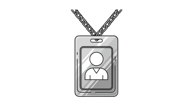 Shiny metallic id card badge hanging on a silver chain with glossy glass reflections isolated on white background.