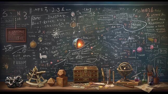 Blackboard inscribed with scientific formulas and calculations in physics and mathematics. Generative Ai