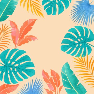 Tropical palm and monstera leaves frame border with copy space summer background illustration