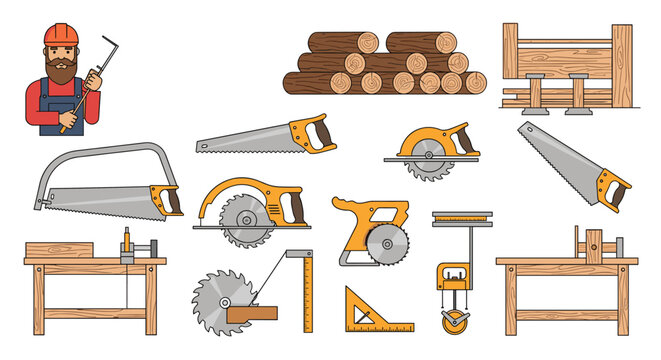 Carpentry and woodwork tools set with professional carpenter character and timber isolated on white background.