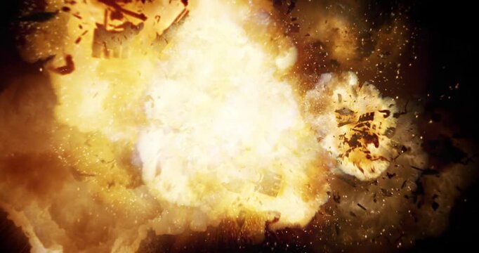 Fire blast detonation with debris particles on black background. 4K VFX Stock Footage Element.