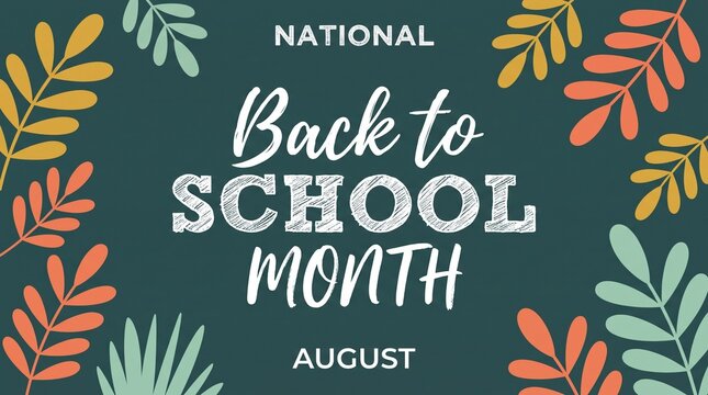Decorative banner with colorful leafy branches framing hand-lettered text: &ldquo;NATIONAL Back to SCHOOL MONTH&rdquo; and &ldquo;AUGUST&rdquo; in white on dark teal