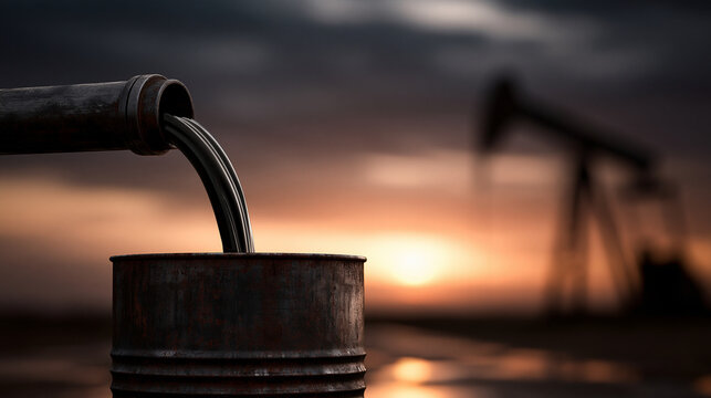 Dark crude oil pours into a metal drum at sunset. This depicts industrial petroleum production and global energy.