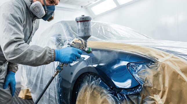 Auto painter in respirator and coverall spraying blue paint on a masked vehicle fender with spray gun; plastic sheeting and paper protect surrounding panels in workshop