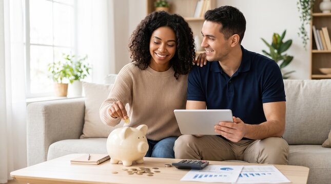 Smiling couple on sofa planning home finances; woman drops coin into piggy bank while man holds tablet. Papers, calculator, and charts on table