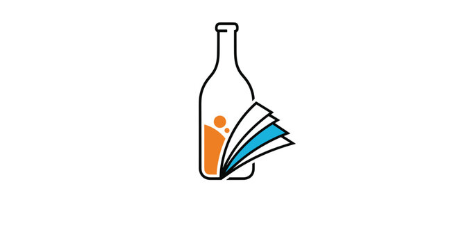 Creative logo icon combining a classic bottle silhouette with flipping book pages and abstract orange liquid drops.